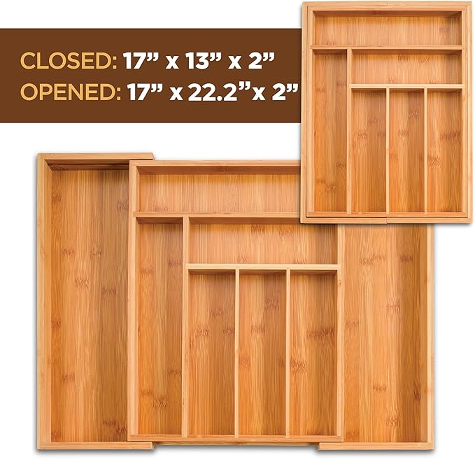 Bamboo Expandable Drawer Organizer for Utensils - Adjustable Cutlery Tray with Dividers for Silverware, Flatware, and Knives in Kitchen, Bedroom, or Living Room Storage