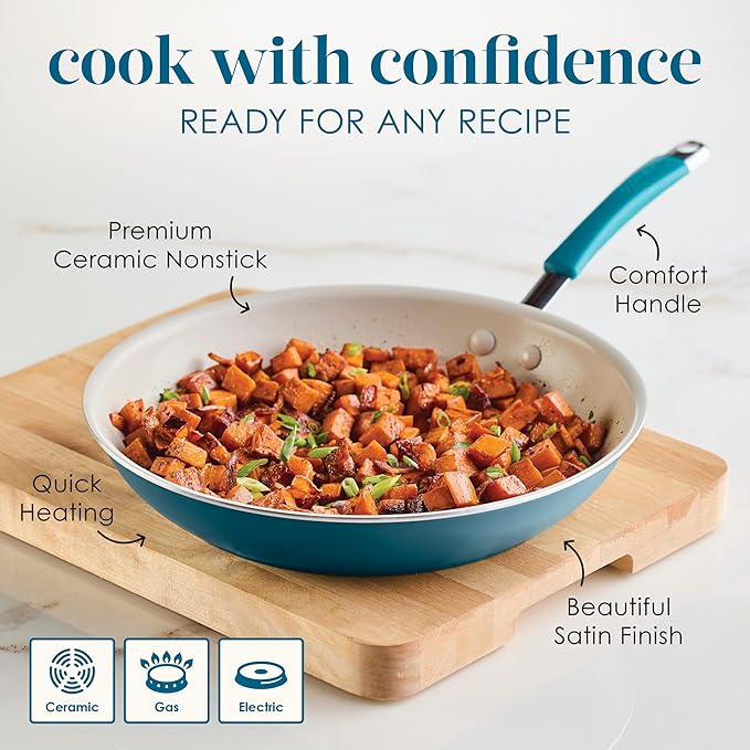 Rachael Ray Cucina Ceramic Nonstick Frying Pan/Skillet, 12.5 Inch Non Stick Open Fry Pan, Dishwasher Safe - Marine Blue
