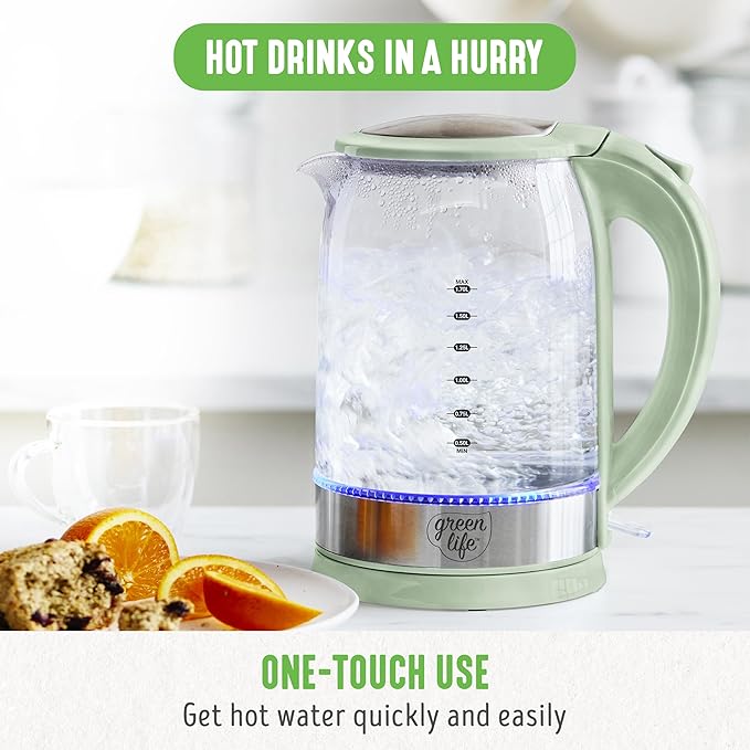 GreenLife 1.7 Liter Glass Electric Kettle, Easy One Touch Use, Quick Heating, Filtered Spout, LED Base, Auto Shut-Off, Cordless Serving, Coffee and Tea, Sage Green