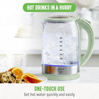 GreenLife 1.7 Liter Glass Electric Kettle, Easy One Touch Use, Quick Heating, Filtered Spout, LED Base, Auto Shut-Off, Cordless Serving, Coffee and Tea, Sage Green