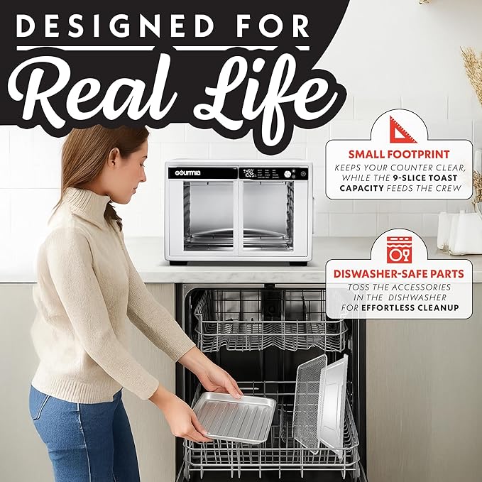 Gourmia French Door Digital Air Fryer Oven - 25-Quart XL Capacity, 12 Presets, Touchscreen, FryForce 360° Tech, Dehydrate, Proof, Slow Cook, Fits 13” Pizza, 1700W, White