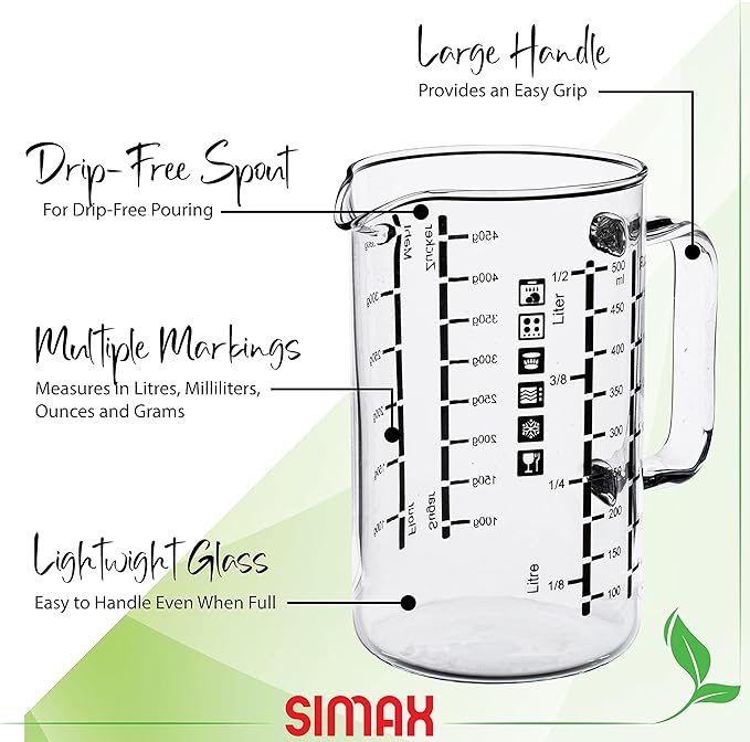 Simax Glass Measuring Cup, 16 Ounce Durable Borosilicate Glass, Easy to Read Metric Measurements, Liter, Milliliter, Ounce, Sugar Grams, Flour Grams, Drip Free Spout, Microwave and Dishwasher Safe