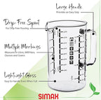 Simax Glass Measuring Cup, 16 Ounce Durable Borosilicate Glass, Easy to Read Metric Measurements, Liter, Milliliter, Ounce, Sugar Grams, Flour Grams, Drip Free Spout, Microwave and Dishwasher Safe