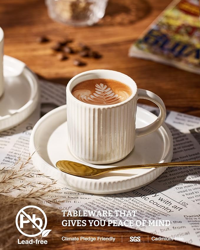 famiware Star Espresso Cups and Saucers Set of 4, [ Mini ] 3 oz Ceramic Small Coffee Mug with Handle, Ribbed Stoneware Demitasse Cup for Tea, Latte - Microwave & Dishwasher Safe - Matte White