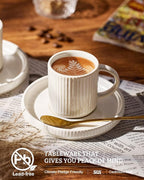 famiware Star Espresso Cups and Saucers Set of 4, [ Mini ] 3 oz Ceramic Small Coffee Mug with Handle, Ribbed Stoneware Demitasse Cup for Tea, Latte - Microwave & Dishwasher Safe - Matte White