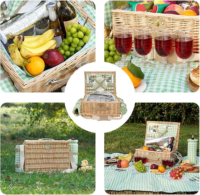 Picnic Basket for 4, Insulated Willow Picnic Baskets with Shoulder Strap, Picnic Hamper with Waterproof Picnic Blanket, Handmade Wicker Hamper for Outdoor Camping, GreenCheck