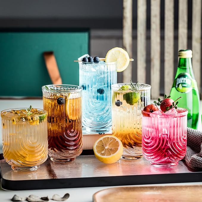 Art Deco Cocktail Glasses, Highball Glasses Set Of 8, Ribbed Glasses, Drinking Glasses Set, Unique Glassware, Beverages Ice Coffee Cup, Ideal for Whiskey, Beer, Juice, Water