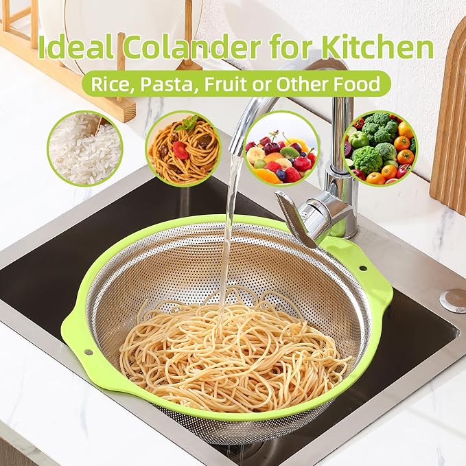 Colander Stainless Steel Microporous, 4QT Large Capacity Rice Strainer with Mixing Bowl, Rice Washing Bowl Set with Handle, Food-Grade Strainers and Colanders for Kitchen, Dishwasher Safe