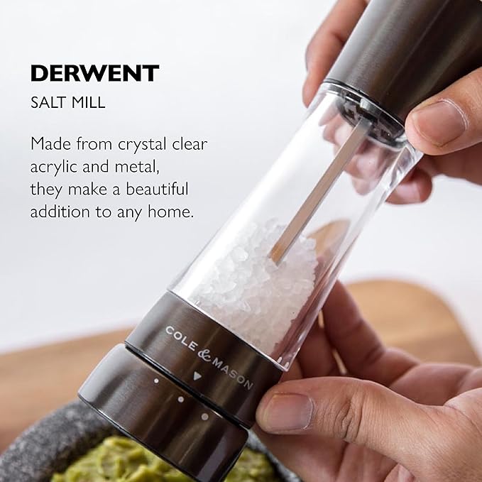 COLE & MASON Derwent Salt Grinder - Gunmetal Mill Includes Gourmet Precision Mechanism and Premium Sea Salt