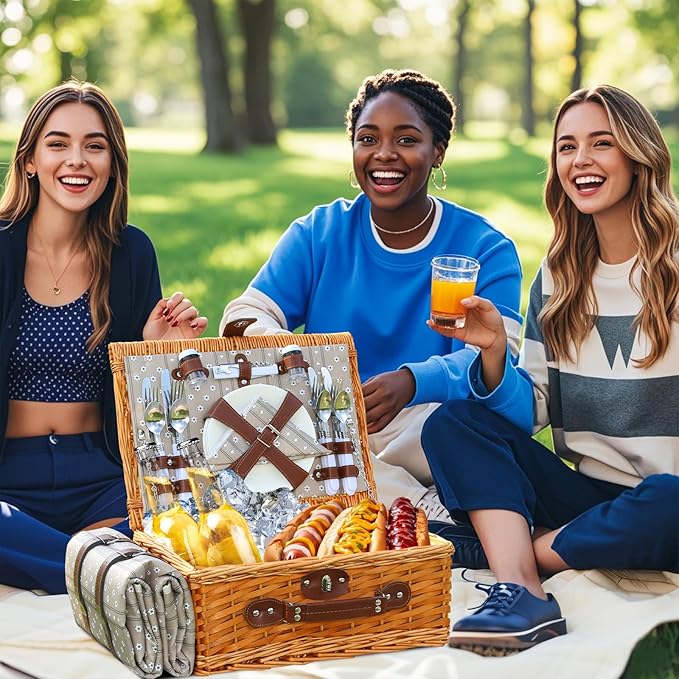 Picnic Basket Set for 4 with Waterproof Blanket Mat Insulation Bag Wicker Floral Brown Classic Fresh for Wedding Birthday Summer Camp Outdoor Camping Beach Travel Christmas