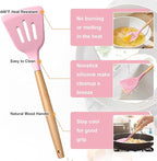 E-far Silicone Cooking Utensils Set, 5-Piece Kitchen Utensils Set with Wooden Handle for Cooking, Silicone Kitchen Nonstick Tools Spatula Turner Slotted Spoons, Nontoxic & Heat Resistant-Pink