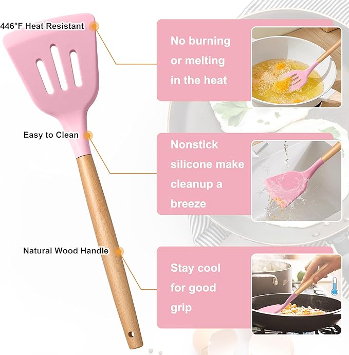 E-far Silicone Cooking Utensils Set, 5-Piece Kitchen Utensils Set with Wooden Handle for Cooking, Silicone Kitchen Nonstick Tools Spatula Turner Slotted Spoons, Nontoxic & Heat Resistant-Pink