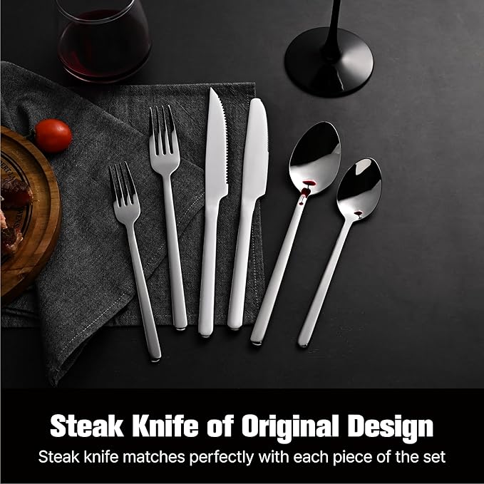 KINGSTONE 36-Piece Silverware Set with Steak Knives, Flatware Set for 6, Stainless Steel Tableware Cutlery Set for Home Restaurant, Mirror Finish,Modern Design