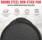 Non-Stick Pizza Pan with Silicone Handle 1 Pack, 13 Inch Round Carbon Steel Tray with Perforated Holes, Dishwasher & Oven Safe Up To 450°F, PFOAPFOSPTFE Free, Durable Nonstick Gray Coating