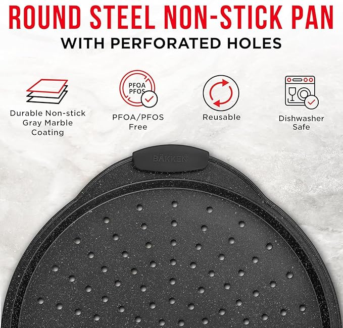 Non-Stick Pizza Pan with Silicone Handle 1 Pack, 13 Inch Round Carbon Steel Tray with Perforated Holes, Dishwasher & Oven Safe Up To 450°F, PFOAPFOSPTFE Free, Durable Nonstick Gray Marble Coating