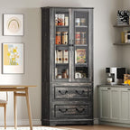 DWVO 76" Storage Cabinets, Freestanding Kitchen Pantry with Adjustable Shelves & Drawers, Farmhouse Glass Display Cabinets Tall Cupboard for Dining Room, Living Room, Dark Rustic