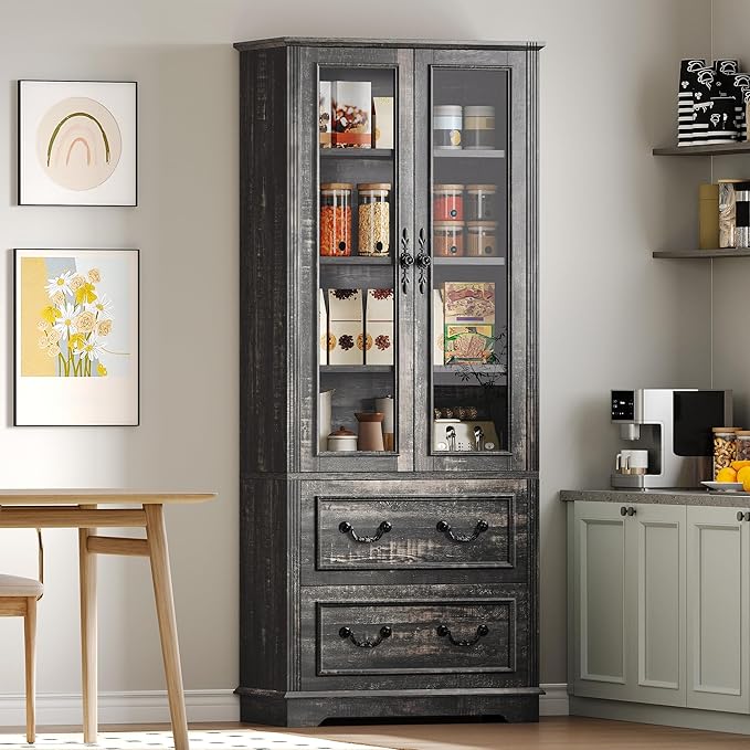 DWVO 76" Storage Cabinets, Freestanding Kitchen Pantry with Adjustable Shelves & Drawers, Farmhouse Glass Display Cabinets Tall Cupboard for Dining Room, Living Room, Dark Rustic