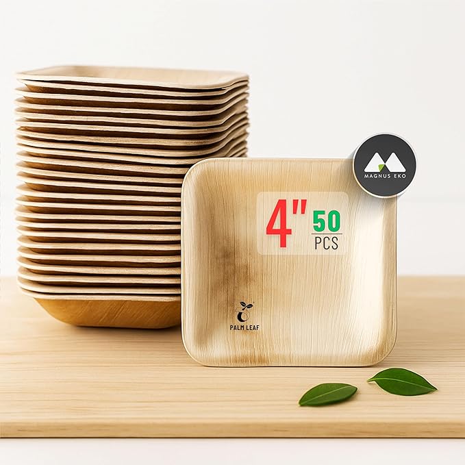 | 4" Square Palm Leaf Plates (50 Pcs) Disposable Plate Bamboo Like Party Pack, Compostable & Biodegradable Plate for Desserts, Eco Friendly Alternative to Plastic Bowl Paper Plates