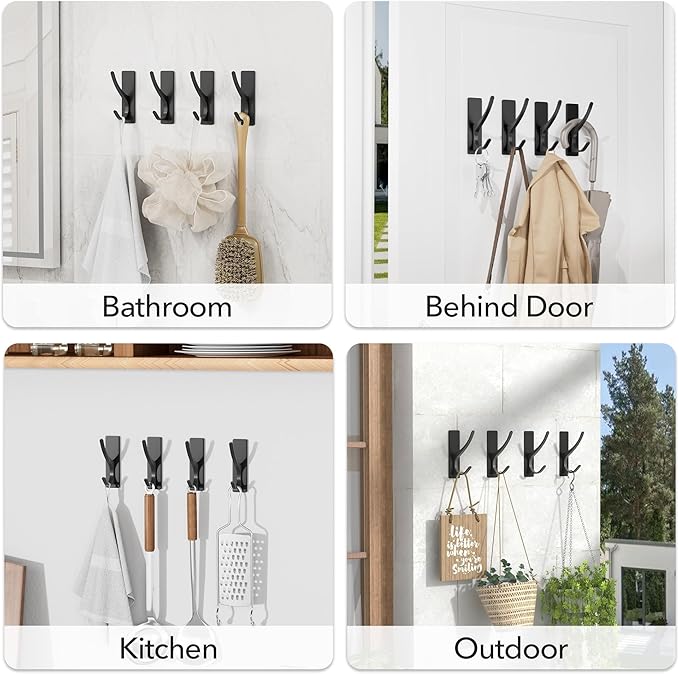 Self Adhesive Coat Hooks for Hanging: Heavy Duty Stainless Wall Hook for Towel, Backpack, Hat, Sturdy Metal Hanger, 6-Pack, Matt Black