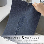 Romanstile Vinyl Placemats Set of 4-12 X 18 Inch - Heat Resistant Non-Slip Embossed Floral Place Mats 100% Waterproof Oilproof Wipeable Faux Leather Table Mats for Kitchen/Dining/Party, Navy Blue