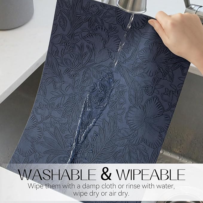 Romanstile Vinyl Placemats Set of 6-12 X 18 Inch - Heat Resistant Non-Slip Embossed Floral Place Mats 100% Waterproof Oilproof Wipeable Faux Leather Table Mats for Kitchen/Dining/Party, Navy Blue