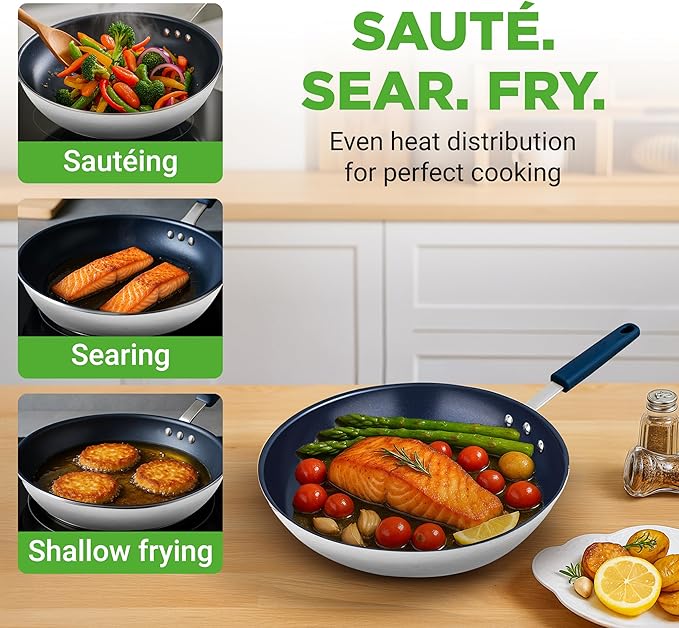 NutriChef 8" Small Fry Pan - Small Skillet Nonstick Frying Pan with Silicone Handle, Ceramic Coating, Blue Silicone Handle, Stain-Resistant, And Easy To Clean, Professional Home Cookware