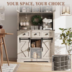 72" Farmhouse Bar Cabinet with Sliding Barn Door, Tall Kitchen Buffet with Storage Hutch and 3 Drawer, Rustic Coffee Wine Bar Sideboard with Wine & Glasses Rack, for Living Room, Washed Grey