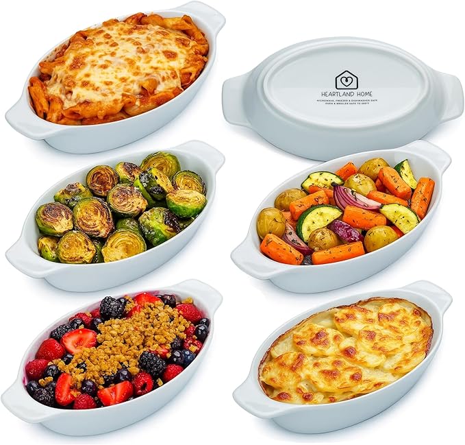 Heartland Home Porcelain Mini Casserole Dish Oval (6pc Set). Cauliflower Au Gratin Baking Dish, Banana Split Bowls, Single Serving, Small Individual