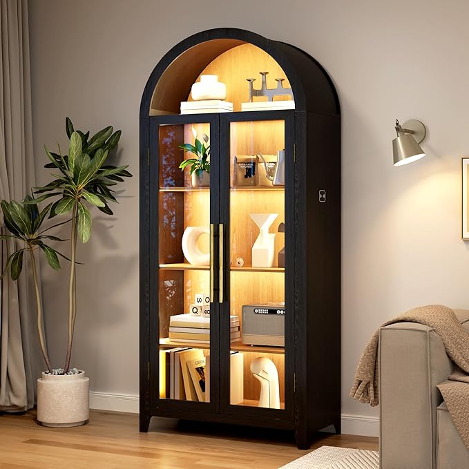 Arch Storage Cabinet with Tempered Glass Door, 71” Arched Display Floor Cabinet, 5 Tier Farmhouse Buffet with Storage for Dining Room, Living Room, Home Office or Kitchen(Black&Oak)