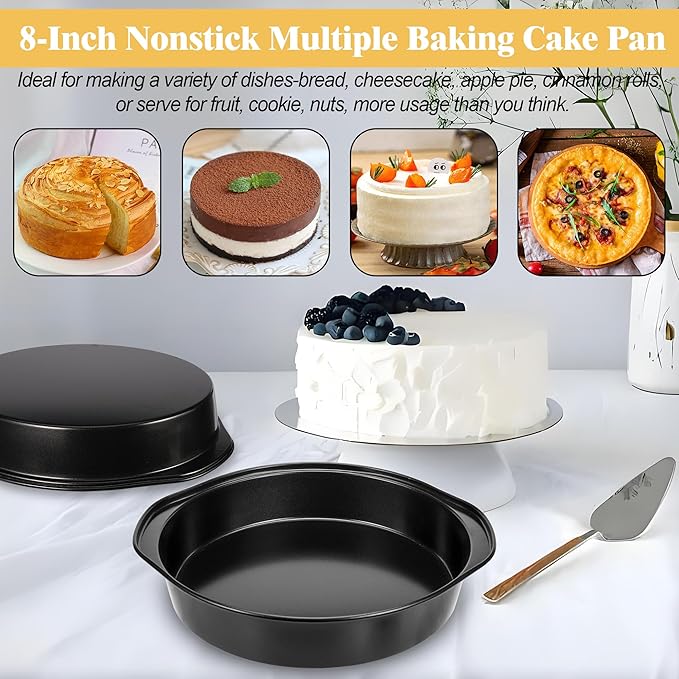 8 Inch Cake Pan, Nonstick 4 Pack Round Cake Pans with 100PCS Pre-cut Parchment Paper for Birthday Christmas, Durable Circle Cake Pan Sets with Handle for Baking Multi-Layer Cakes, Dishwasher Safe