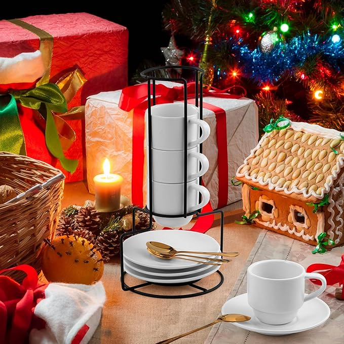 Lareina 3-Ounce Espresso Cups with Saucers, Spoons and Metal Stand, Small Stackable Coffee Cups Set of 4, Ceramic Demitasse Mugs, White