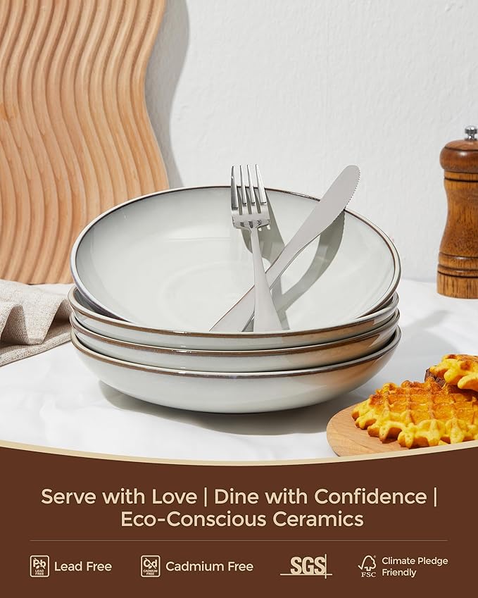 16 Piece Double Bowl Dinnerware Sets with Pasta Bowls, Highly Chip and Crack Resistant Plates and Bowls Sets, Natural Earthyware Ceramic Dishware Sets, Service for 4 Moonstone White