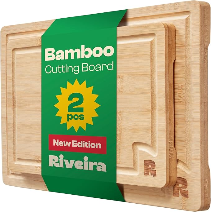 Riveira White Bamboo Wood Cutting Board – Versatile And Durable: Set Of 2 Pcs Rectangular Wooden Cutting Board – Natural Wooden Cutting Boards For Kitchen – Complete White Bamboo Wooden Chopping Board