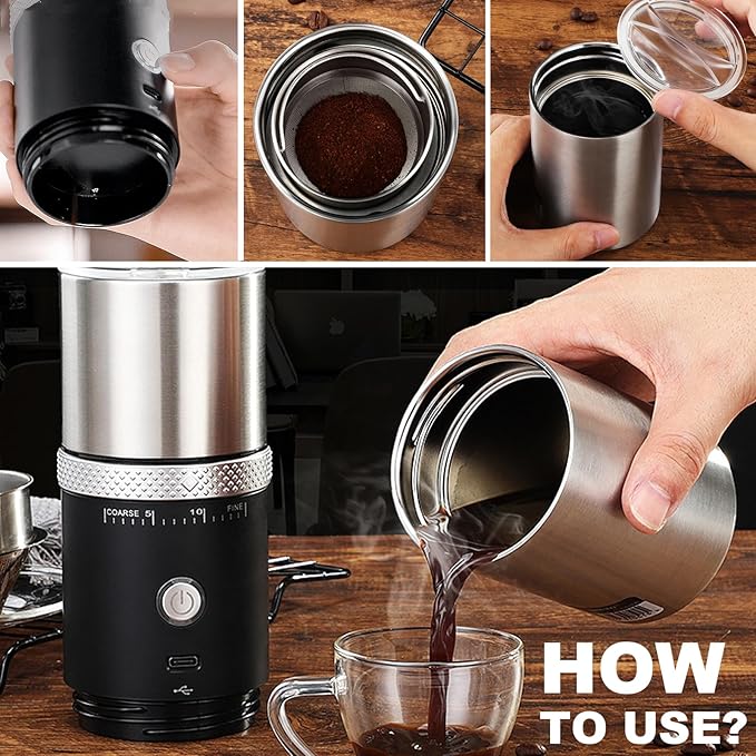 Portable Burr Coffee Grinder, Electric Rechargeable Adjustable Burr Mill Machine with Conical Ceramic, Suitable for Travel,Camping,Office, Espresso (Black)