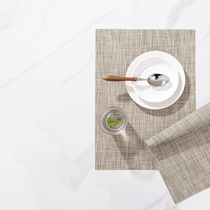 LEXMORE PVC Woven Placemats 12 PCS Wipeable Indoor/Outdoor Table Mats Washable Vinyl Place Mats for Dining Table, Set of 12-Caramel