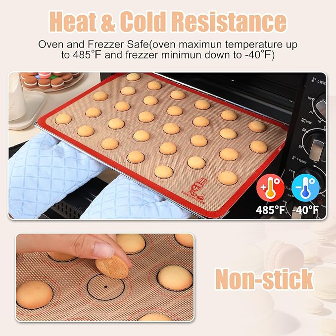 Folksy Super Kitchen Silicone Macaron Baking Mat - Set of 3 (2 Half Sheet and 1 Quarter Sheet), Non Stick Silicon Oven Liner For Macaroons and Cookies (16.5x11.6, Red)