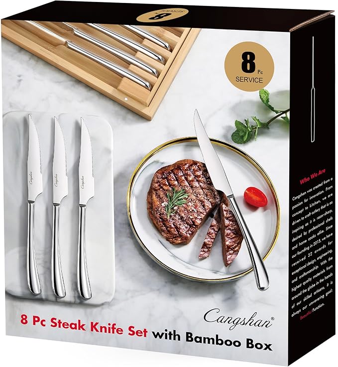 Cangshan 1027044 Rain II Series 8-Piece 420 Stainless Steel Forged Steak Knife Set in Bamboo Storage Chest