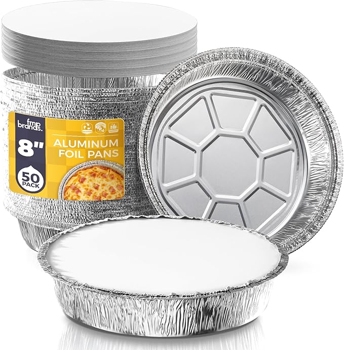 Fit Meal Prep 50 Pack 8” Round Aluminum Foil Pans with Lids, 8 inch Take Out Containers with Cardboard Covers for Freshness, Heavy Duty Disposable Baking Pie Pan for Cooking, Freezer & Oven Safe