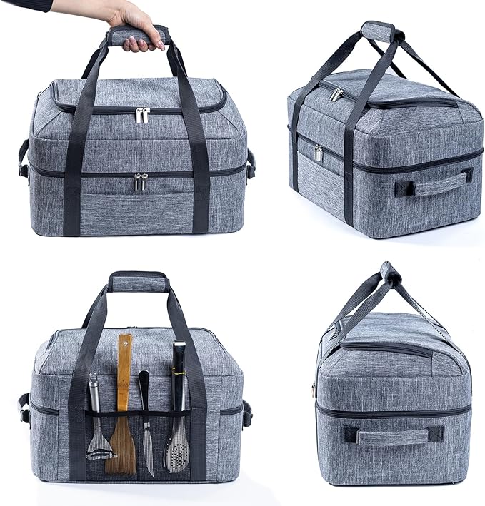 BAGSPRITE Double-Layer Slow Cooker Carrying Bag for 6-8 Quart CrockPot and Hamilton Beach Slow Cooker, Travel Bag with Lid Fastener for Crock-pot, Portable Carrier Case Slow Cooker Bag, Grey