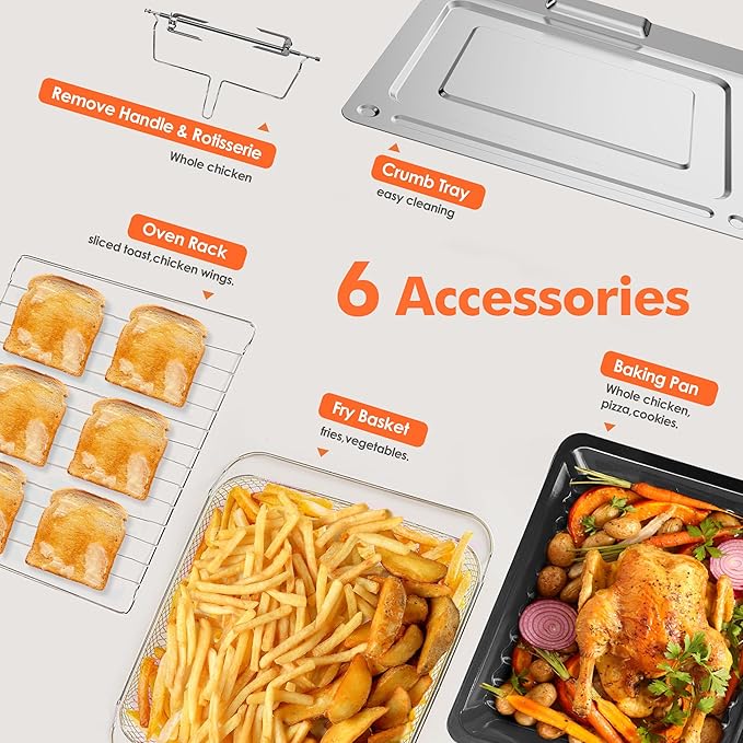 Kitchen in the box 32QT Extra Large Air Fryer Toaster Oven Combo, 21-in-1 Countertop Convection Toaster Oven with Rotisserie and Dehydrate, 6 Accessories, 1800W Dual Cook Preset (Black)