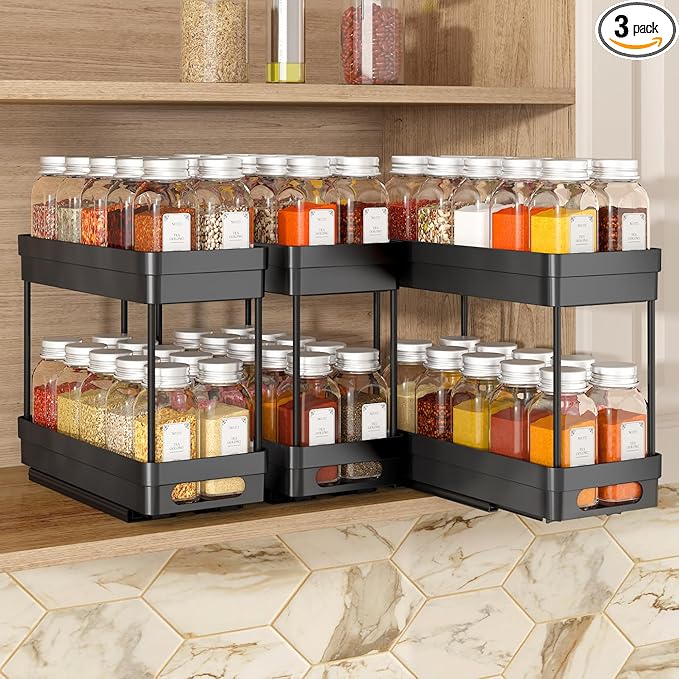 Pull Out Spice Rack Organizer for Cabinet,2-Tier Slide Out Spice Racks Organizer,Easy Installation Cabinet Organizer Seasoning Kitchen Organizer,4.4''Wx10.5''Dx8.26''H,3Pack