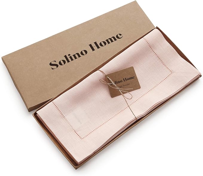 Solino Home Linen Pink Table Runner 48 Inches - Classic Hemstitch, 100% Pure Linen Coffee Table Runner 14 x 48 Inch Ideal for Dresser Tables - Summer, Halloween