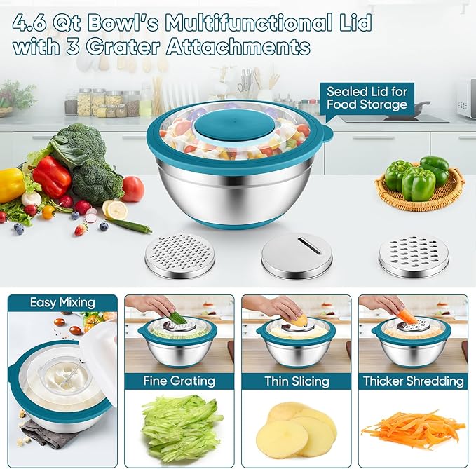 P&P CHEF Mixing Bowls with Lids Set of 3, Stainless Steel Mixing Bowl and Colander for Kitchen, 3 Grater Attachments & Non-Slip Bottoms, Visible & Airtight Lid, Blue