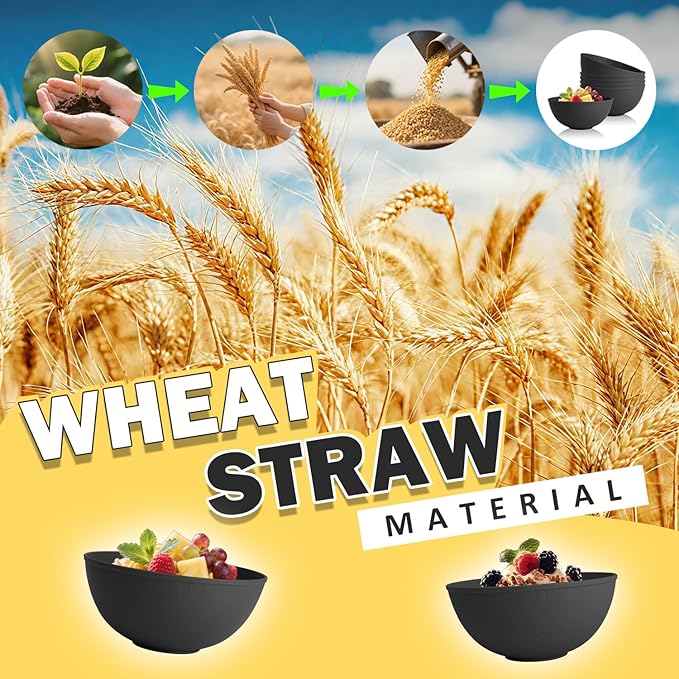 Unbreakable Cereal Bowls 40 OZ, Wheat Straw Bowls Set of 6 with Unique Pattern, Reusable Plastic Bowl for Cereal, Soup, Salad and Ramen, Indoor & Outdoor Essentials, Black