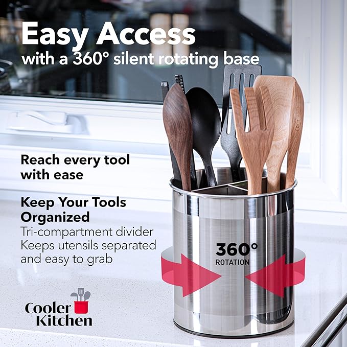 Cooler Kitchen Rotating Extra Large Stainless Steel Utensil Holder Caddy with Sturdy No-Tip Weighted Base, Removable Divider, and Gripped Insert Bottom -Dishwasher Safe Metal Cooking Utensil Holder…