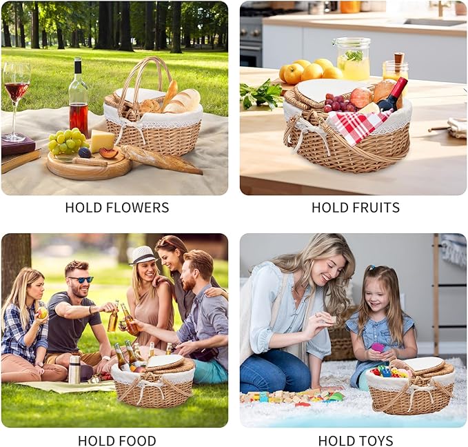 Wicker Picnic Basket with Removable White Lace Liner - 15x11.5x7 Inch Outdoor Picnic Hamper, Foldable Handles & Lockable Lid, Portable Picnic Tote Basket for 4 Person