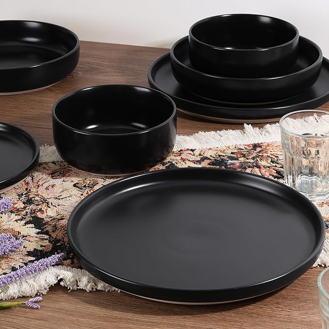 HaWare 16-Piece Plates and Bowls Set for 4, Stoneware Dinnerware Sets with Pasta Bowl, Dishes Set for Home Restaurant, Frosting Black