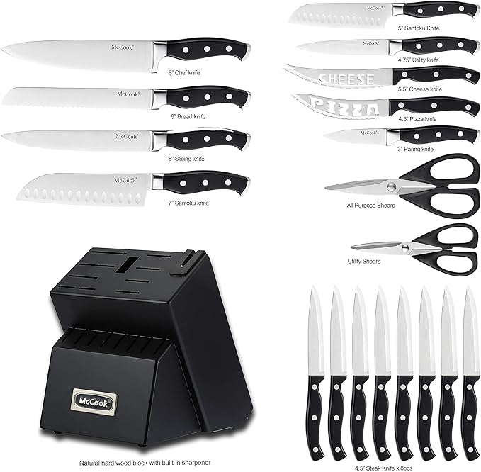 McCook® Black Knife Sets, German Stainless Steel Forged Kitchen Knives Block Set with Built-in Knife Sharpener