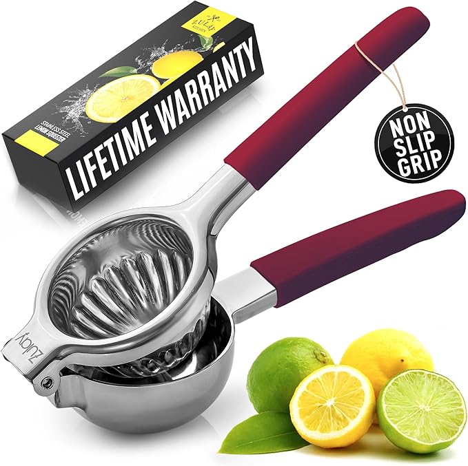 Zulay Lemon Squeezer Stainless Steel with Premium Heavy Duty Solid Metal Squeezer Bowl and Food Grade Silicone Handles - Large Manual Citrus Press Juicer and Lime Squeezer Stainless Steel (Cranberry)