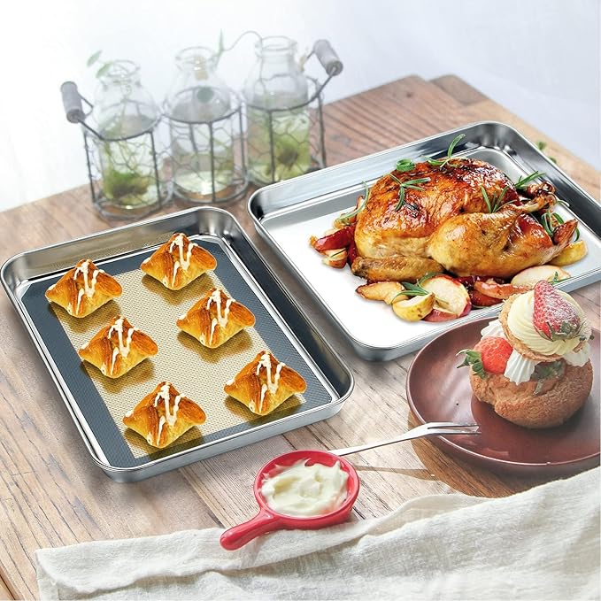 Baking Sheet with Silicone Mat Set of 4, Stainless Steel Cookie Sheet Baking Pan Tray with Silicone Mat, Non Toxic & Heavy Duty & Easy Clean - Size of 10 inch
